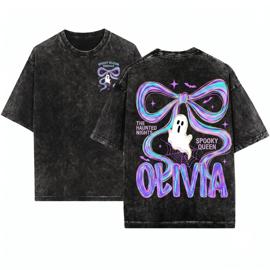 Cute Custom Name Neon Spooky Ghost Brushstroke Boo Bow Toddler Preppy Halloween Unisex Wash T-Shirt