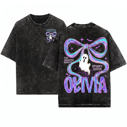 Cute Custom Name Neon Spooky Ghost Brushstroke Boo Bow Toddler Preppy Halloween Unisex Wash T-Shirt