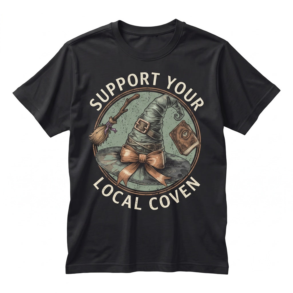 Support Local Coven Witchy Vibes Hat Broom Spellbook Graphic Halloween Apparel Unisex TShirt
