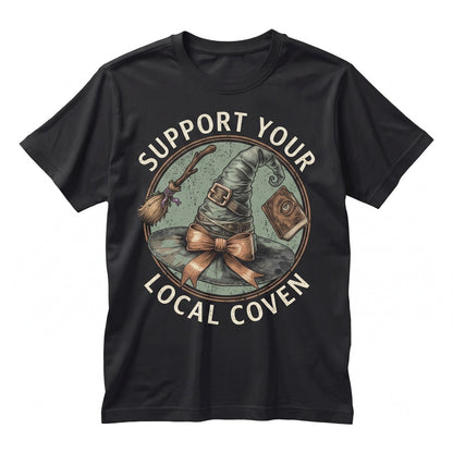 Support Local Coven Witchy Vibes Hat Broom Spellbook Graphic Halloween Apparel Unisex TShirt