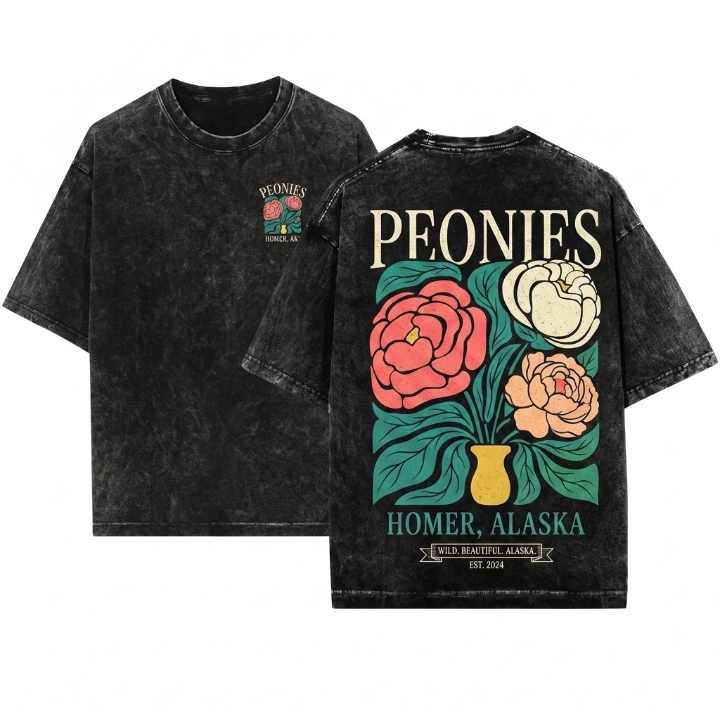 Peonies Floral Graphic Vintage Peony Flower Printed Top Unisex Wash T-Shirt