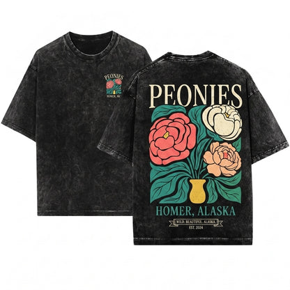 Peonies Floral Graphic Vintage Peony Flower Printed Top Unisex Wash T-Shirt