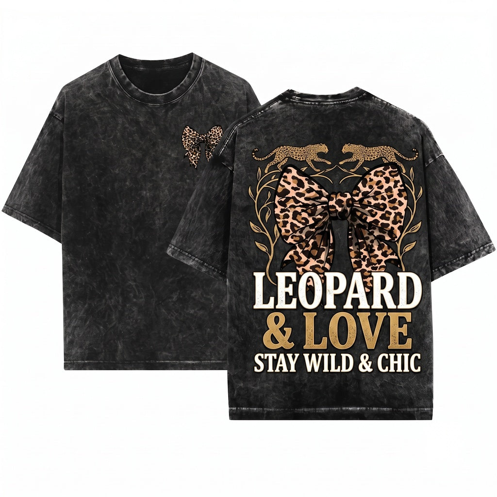 Coquette Leopard Print Bow Aesthetic Fall Trendy Cute Crewneck Unisex Wash T-Shirt