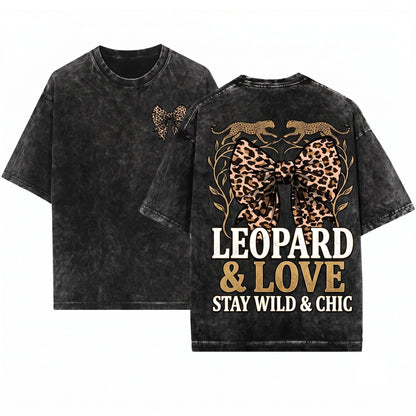 Coquette Leopard Print Bow Aesthetic Fall Trendy Cute Crewneck Unisex Wash T-Shirt