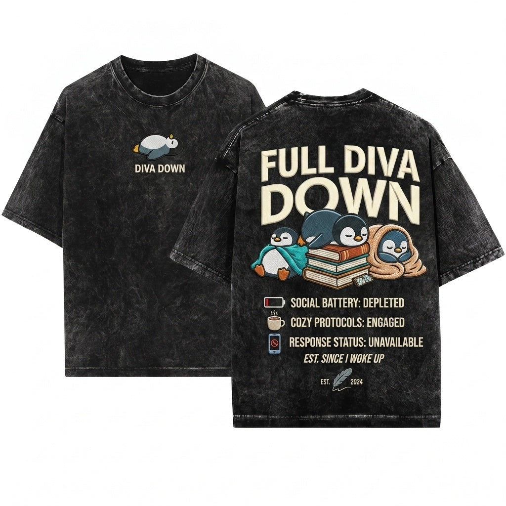 Diva Down Funny Penguin Embroidered Chaotic Cute Animal Meme Gift Unisex Wash T-Shirt