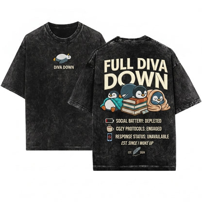 Diva Down Funny Penguin Embroidered Chaotic Cute Animal Meme Gift Unisex Wash T-Shirt