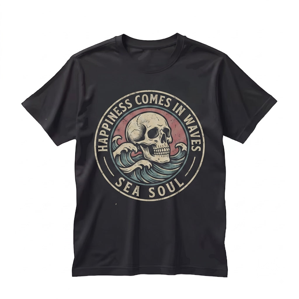 Happiness Comes In Waves Sarcastic Sayings Sassy Snarky Skeleton Ocean Beach Water Bottle Decal Unisex TShirt