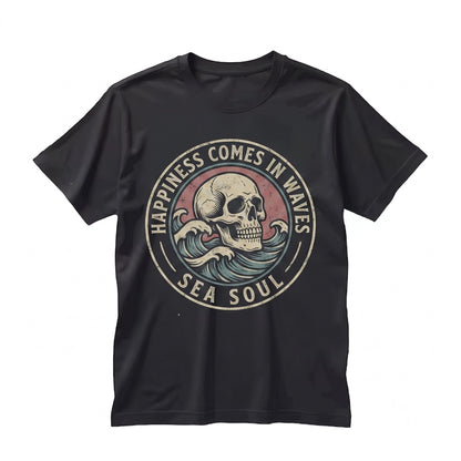 Happiness Comes In Waves Sarcastic Sayings Sassy Snarky Skeleton Ocean Beach Water Bottle Decal Unisex TShirt
