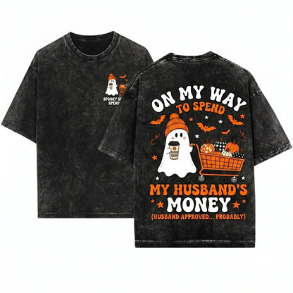 Funny Halloween Ghost Pushing Pumpkin Cart Latte Husband Money Spending Unisex Wash T-Shirt