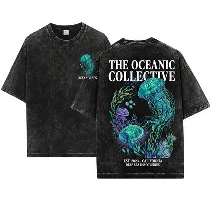Vintage Jellyfish Marine Life Underwater Aquatic Sea Creature Graphic Aquarium Art Aesthetic Retro Gift Unisex Wash T-Shirt