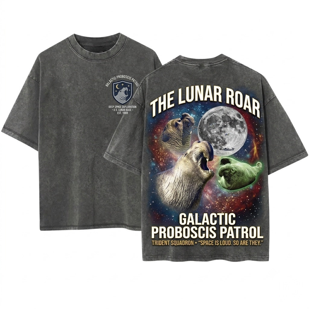 Three Elephant Seal Retro Moon Celestial Ocean Graphic Marine Life Gift Unisex Wash T-Shirt