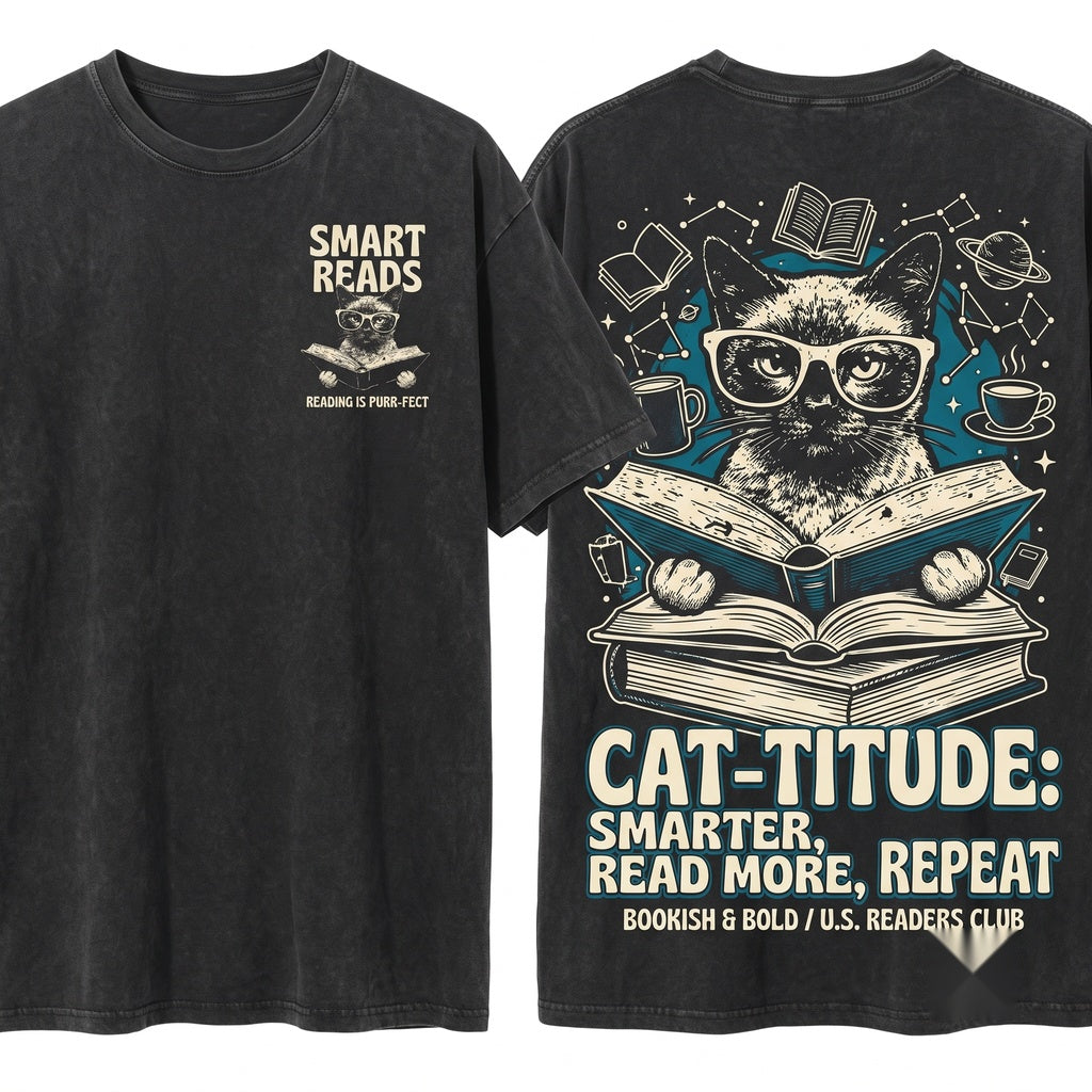 Siamese Cat Reading Novel Bookworm Librarian Mom Dad Pet Lover Gift Apparel Unisex Wash T-Shirt