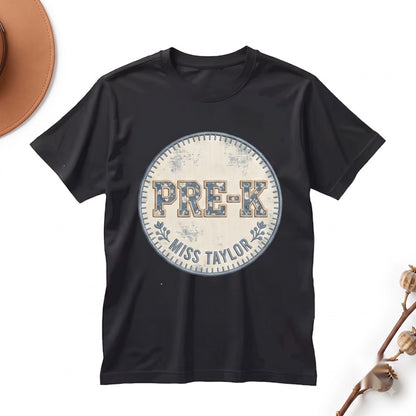 Custom Floral Blue Faux Patchwork Pre-K Teacher Preschool Grade Matching Group Educator Back to School Unisex TShirt