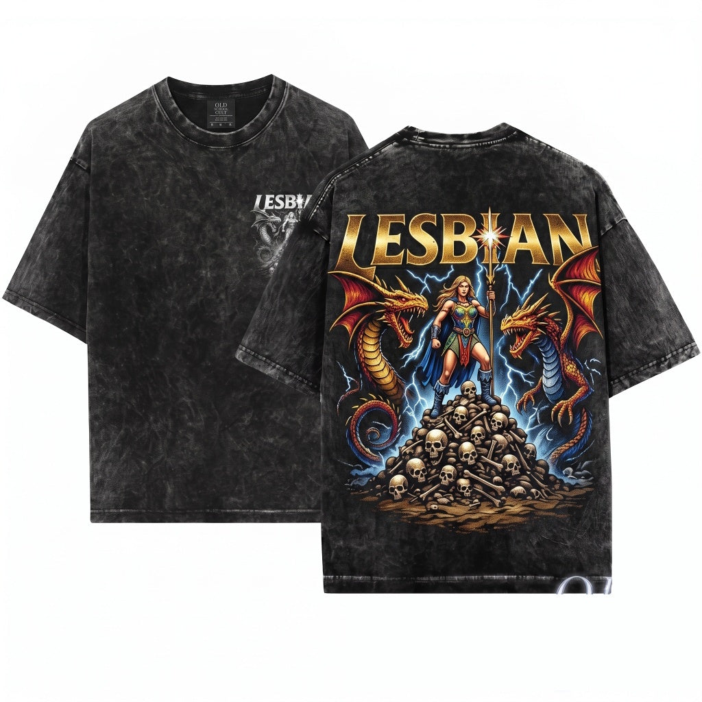 Lesbian Warrior Dragon Fantasy Vintage Retro Dark Art Grunge Castle Gothic Unisex Wash T-Shirt