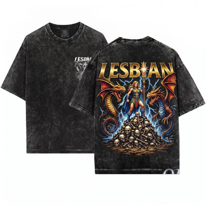 Lesbian Warrior Dragon Fantasy Vintage Retro Dark Art Grunge Castle Gothic Unisex Wash T-Shirt