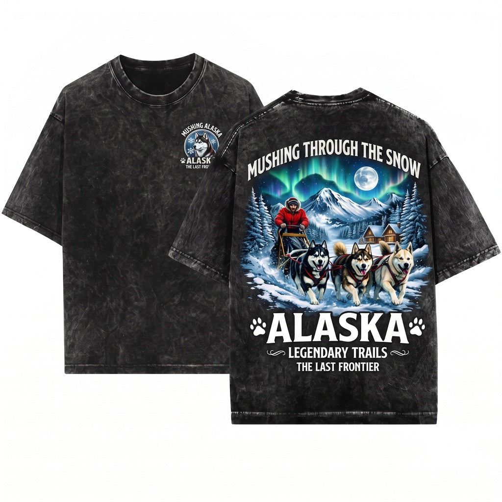 Alaska Husky Dog Sledding Mushing Northern Lights Winter Adventure Snowy Mountain Full Moon Unisex Wash T-Shirt