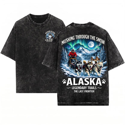 Alaska Husky Dog Sledding Mushing Northern Lights Winter Adventure Snowy Mountain Full Moon Unisex Wash T-Shirt