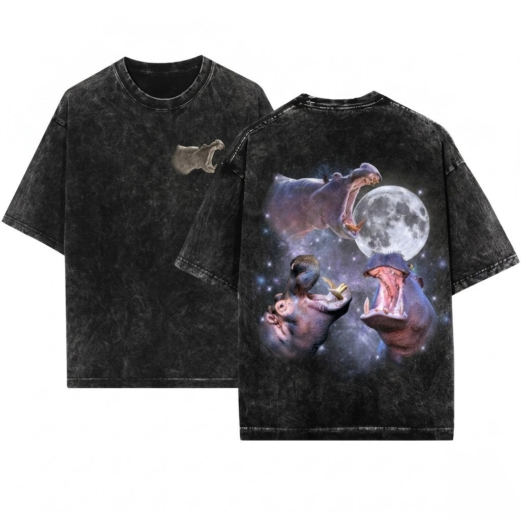 Three Hippo Retro Moon Graphic Funny Vintage Oversized Silly Gift Unisex Wash T-Shirt