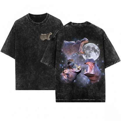 Three Hippo Retro Moon Graphic Funny Vintage Oversized Silly Gift Unisex Wash T-Shirt