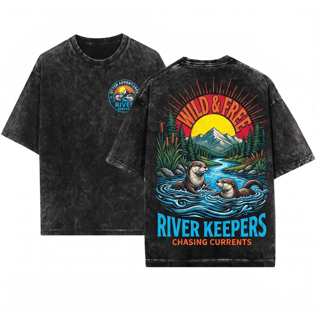 Vintage Rustic River Otter Wildlife Graphic Animal Art Country Unisex Wash T-Shirt