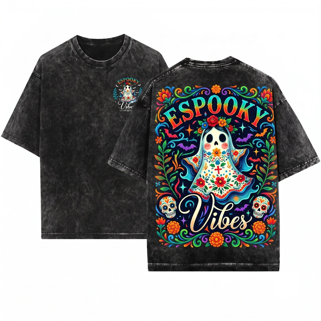 Espooky Season Halloween Cute Ghost Coffee Mexican Latina Spooky Conchas Unisex Wash T-Shirt