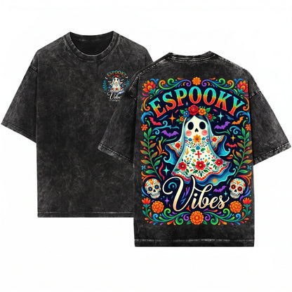 Espooky Season Halloween Cute Ghost Coffee Mexican Latina Spooky Conchas Unisex Wash T-Shirt