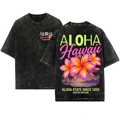 Aloha Hawaiian Retro Flower Beach Lover Trendy Summer Unisex Wash T-Shirt