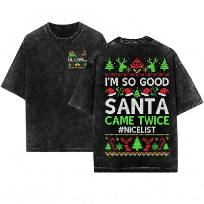 Funny Matching Couples Ugly Christmas Santa Came Twice Long Sleeve Unisex Wash T-Shirt