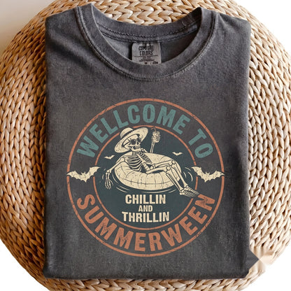 Summerween Skeleton Spooky Beach Vacation Halloween Chillin Thrillin Unisex TShirt
