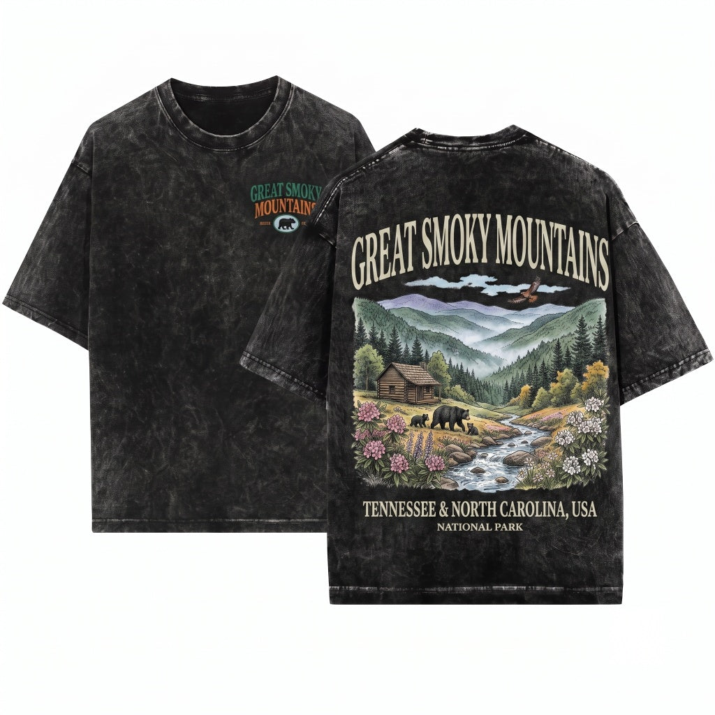 Great Smoky Mountains National Park Vintage 90s Graphic Retro Mountain Cabin Bear USA Nostalgia Unisex Wash T-Shirt