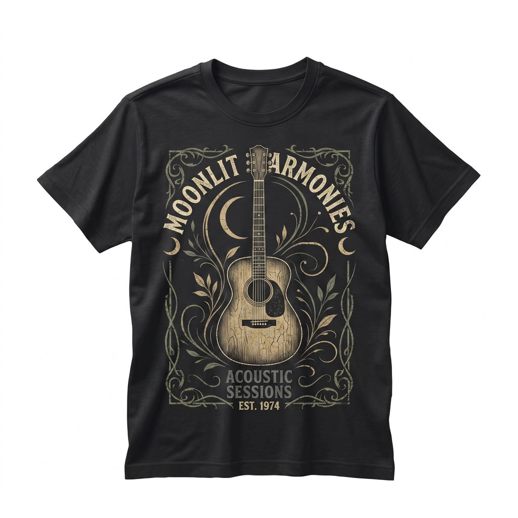 Acoustic Guitar Celestial Moon Swirl Faux Gold Print Boho Music Lover Gift Unisex TShirt