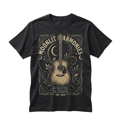 Acoustic Guitar Celestial Moon Swirl Faux Gold Print Boho Music Lover Gift Unisex TShirt