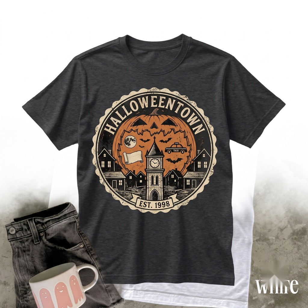 Vintage Halloween Graphic Haunted Town Pumpkin Gothic Night Scene Autumn Horror Gift Unisex TShirt