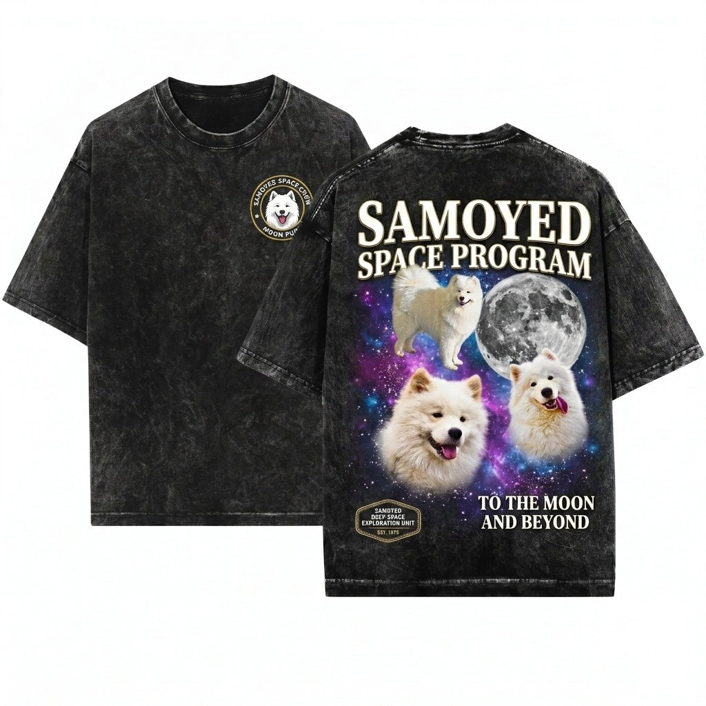 Three Moon Fluffy Samoyed Galaxy Cosmic Space Dog Lover Pet Gift Unisex Wash T-Shirt