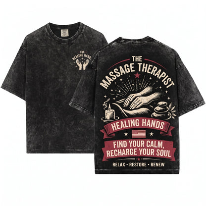 Healing Hands Massage Therapist Relax Restore Renew Spa Wellness Zen Therapy Aesthetic Mindful Gift Unisex Wash T-Shirt