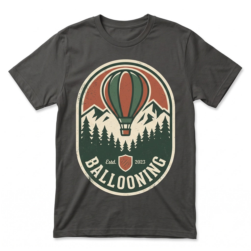 Hot Air Balloon Adventure Explorer Retro Mountain River Scene Cotton Blend Distressed Print S-XXL Unisex TShirt