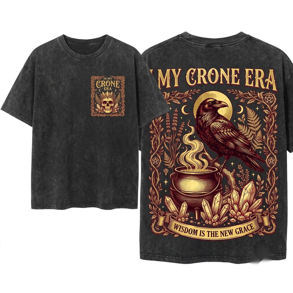 In My Crone Era Witchy Raven Cauldron Goth Graphic Halloween Pagan Unisex Wash T-Shirt