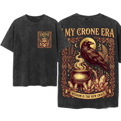 In My Crone Era Witchy Raven Cauldron Goth Graphic Halloween Pagan Unisex Wash T-Shirt