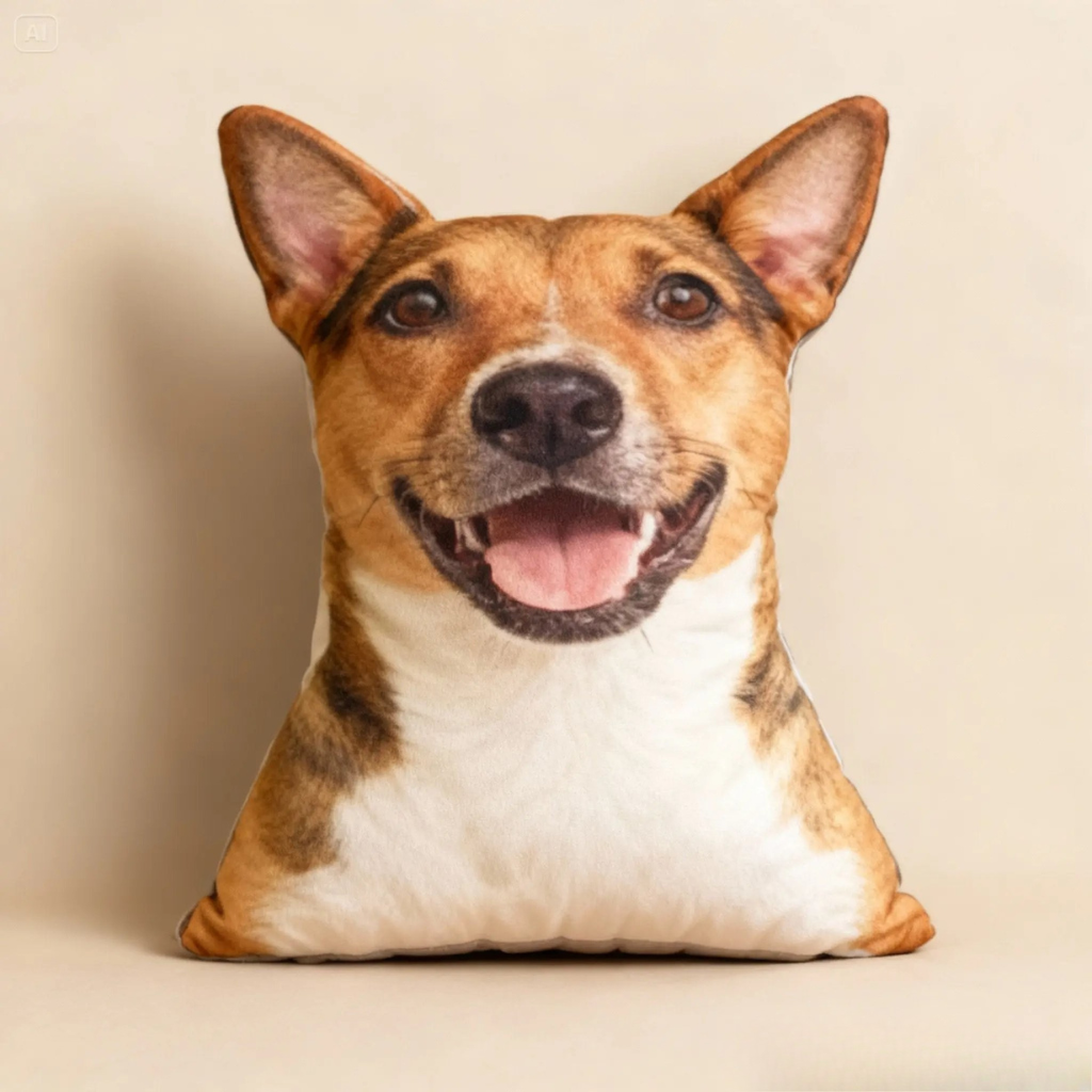 Dog-shaped pillow with a smiling face on a beige background