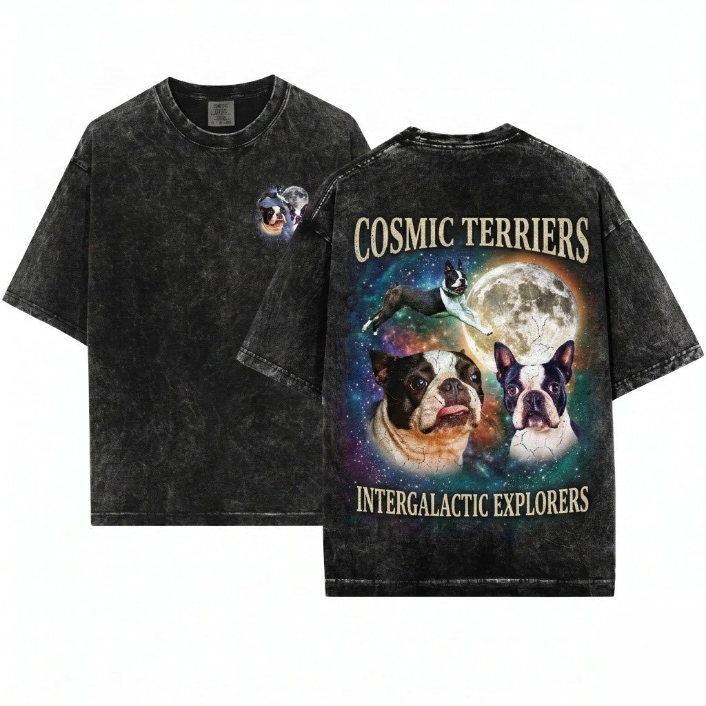 Boston Terrier Moon Galaxy Space Cosmic Dog Pet Gift Lovers Unisex Wash T-Shirt