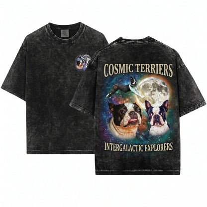 Boston Terrier Moon Galaxy Space Cosmic Dog Pet Gift Lovers Unisex Wash T-Shirt