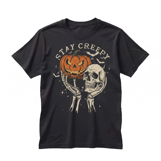 Vintage Halloween Stay Creepy Retro Skeleton Pumpkin Graphic Unisex TShirt