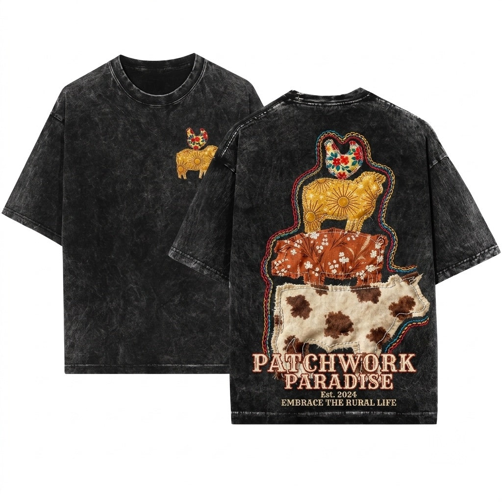 Western Country Faux Patchwork Cow Hen Pig Lamp Farm Animals Unisex Wash T-Shirt