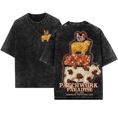 Western Country Faux Patchwork Cow Hen Pig Lamp Farm Animals Unisex Wash T-Shirt