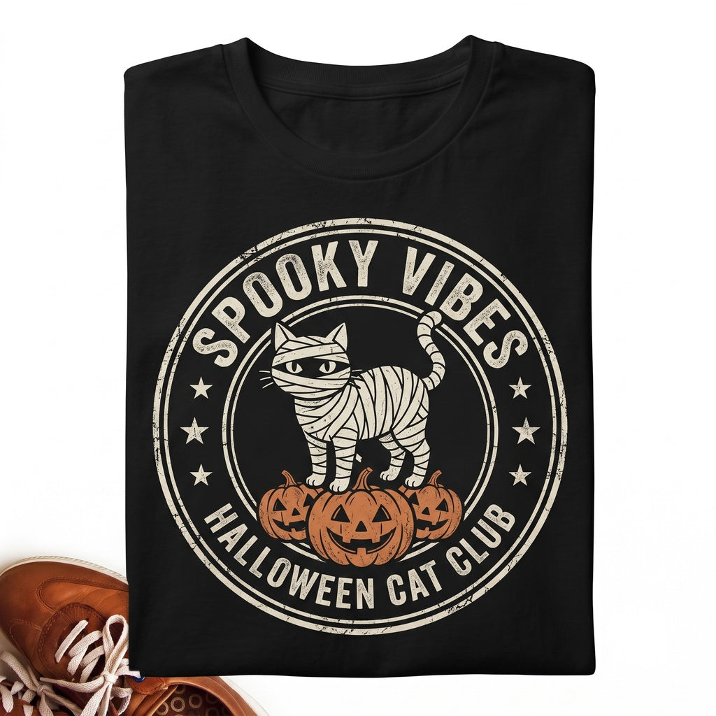 Spooky Vibes Halloween Pumpkin Jack-o-Lantern Black Cat Fall Crewneck Sweater Pullover Unisex TShirt