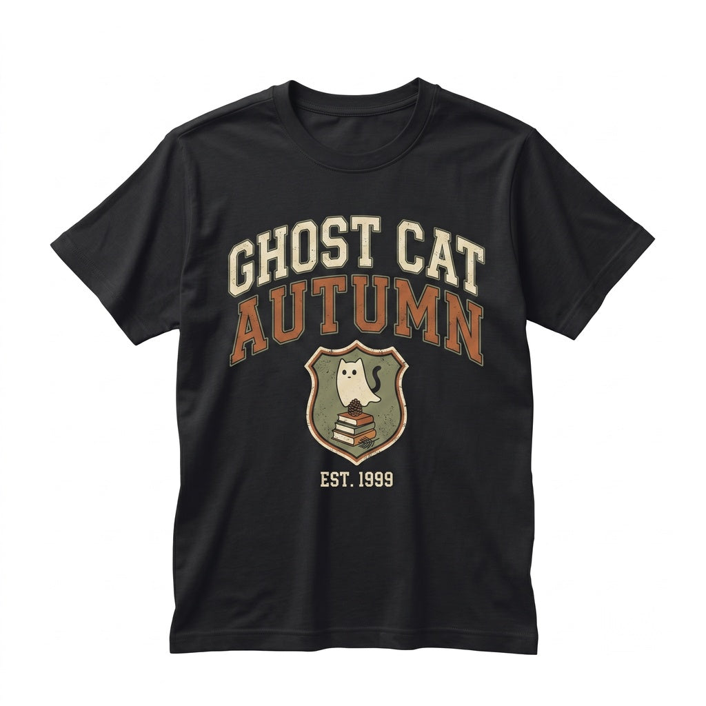 Cute Ghost Cats Fall Leaves Embroidered Halloween Crewneck Sweatshirt Unisex TShirt