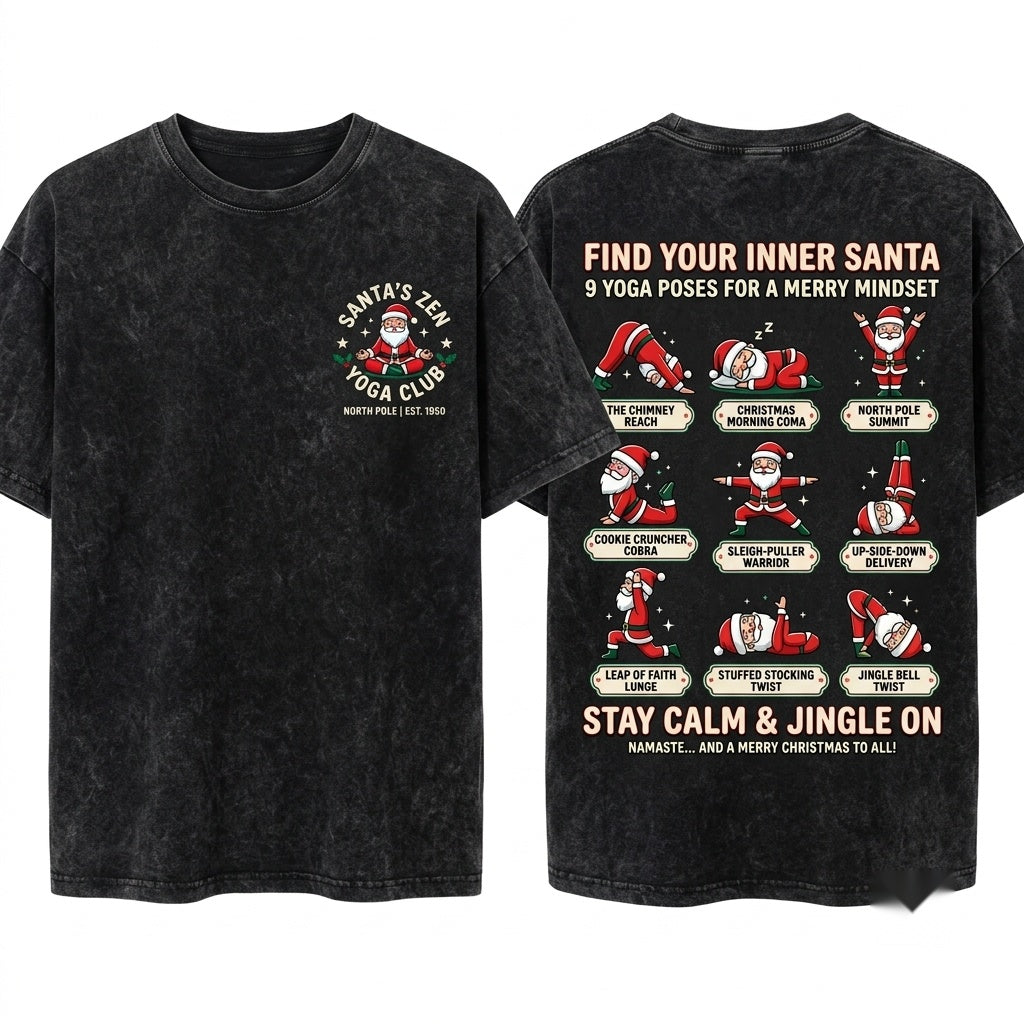 Santa Yoga Poses Christmas Whimsical Holiday Unisex Wash T-Shirt