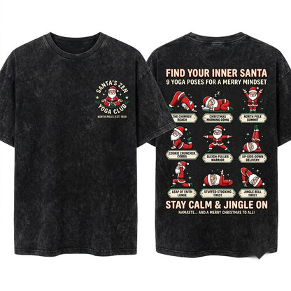 Santa Yoga Poses Christmas Whimsical Holiday Unisex Wash T-Shirt