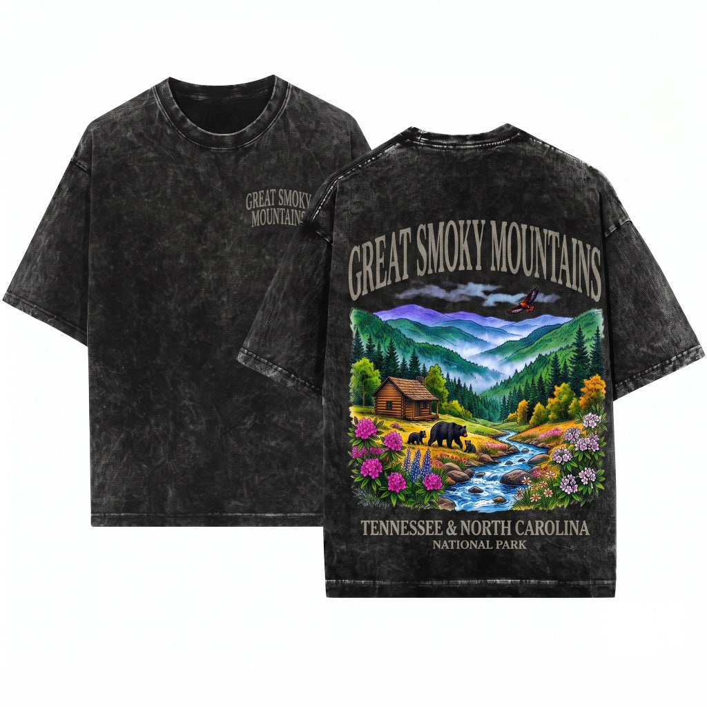 Great Smoky Mountains National Park Vintage 90s Graphic Retro Mountain Cabin Bear USA Nostalgia Unisex Wash T-Shirt