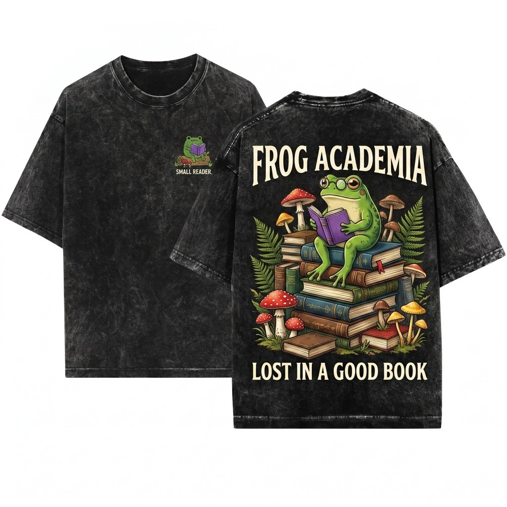 Frog Reading On A Log Embroidered Mushroom Cute Amphibian Nature Lover Gift Unisex Wash T-Shirt